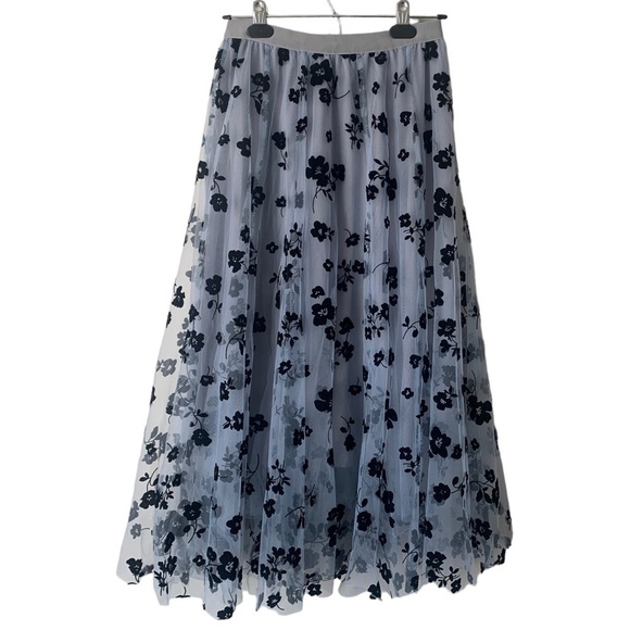 Light Blue Tulle Velvet Flora Lined A-Line Midi Skirt Sheer Women's Fairycore XS - Picture 1 of 9